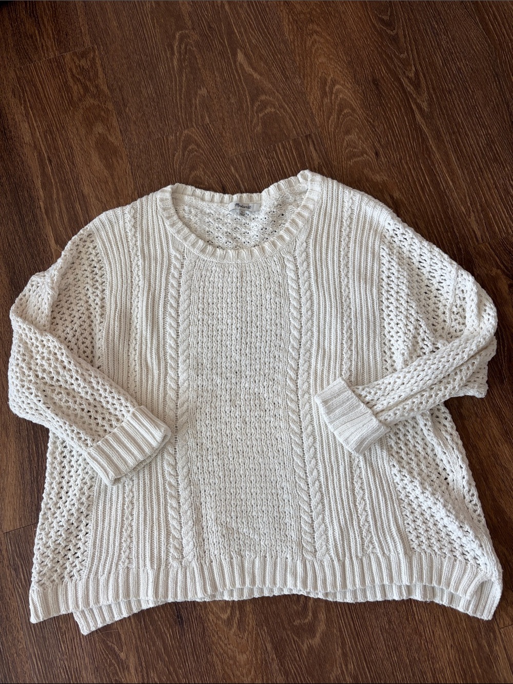 Madewell 100% Cotton Open-Knit Cable Sweater - White, Size XL
